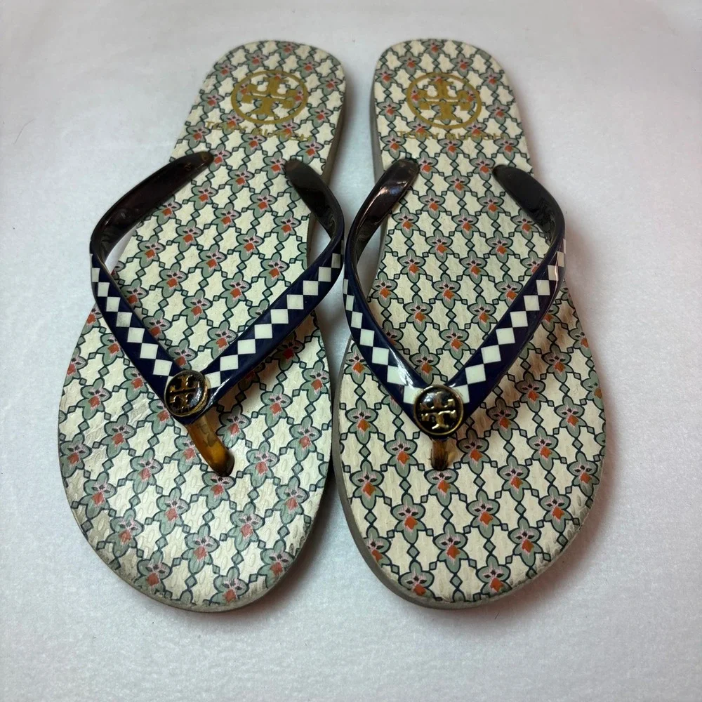 Tory Burch Women Geometric Floral Print Flip Flops Navy Checkered Straps Logo